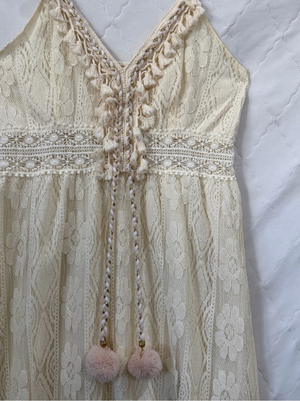 Boho Lace Hi-Lo Maxi Dress in Cream Lace with Tassels and Gold trim w/ Pom-Poms - Picture 6 of 8